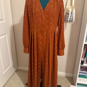 RIHOAS Rust Long Sleeve Dress with White Polka Dots